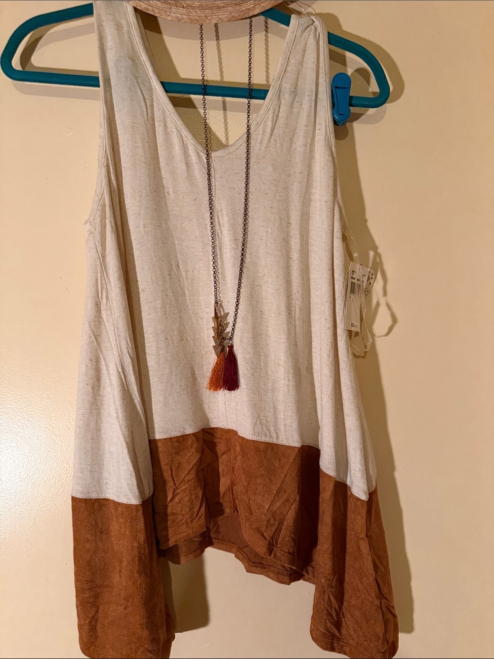 Sleeveless tunic - Handkerchief hem - linen w/ faux suede - SELF ESTEEM - NWT